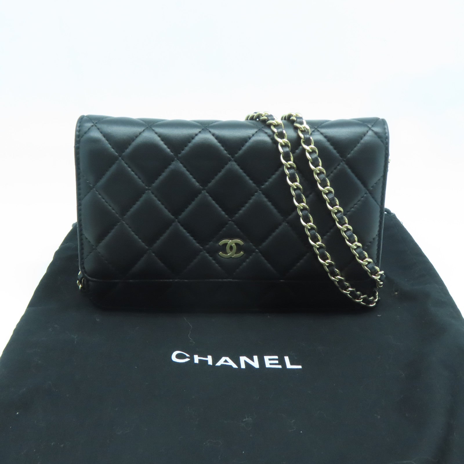 CHANEL 菱格羊皮皮革WOC Shoulder Bag金扣鏈帶肩背袋黑色