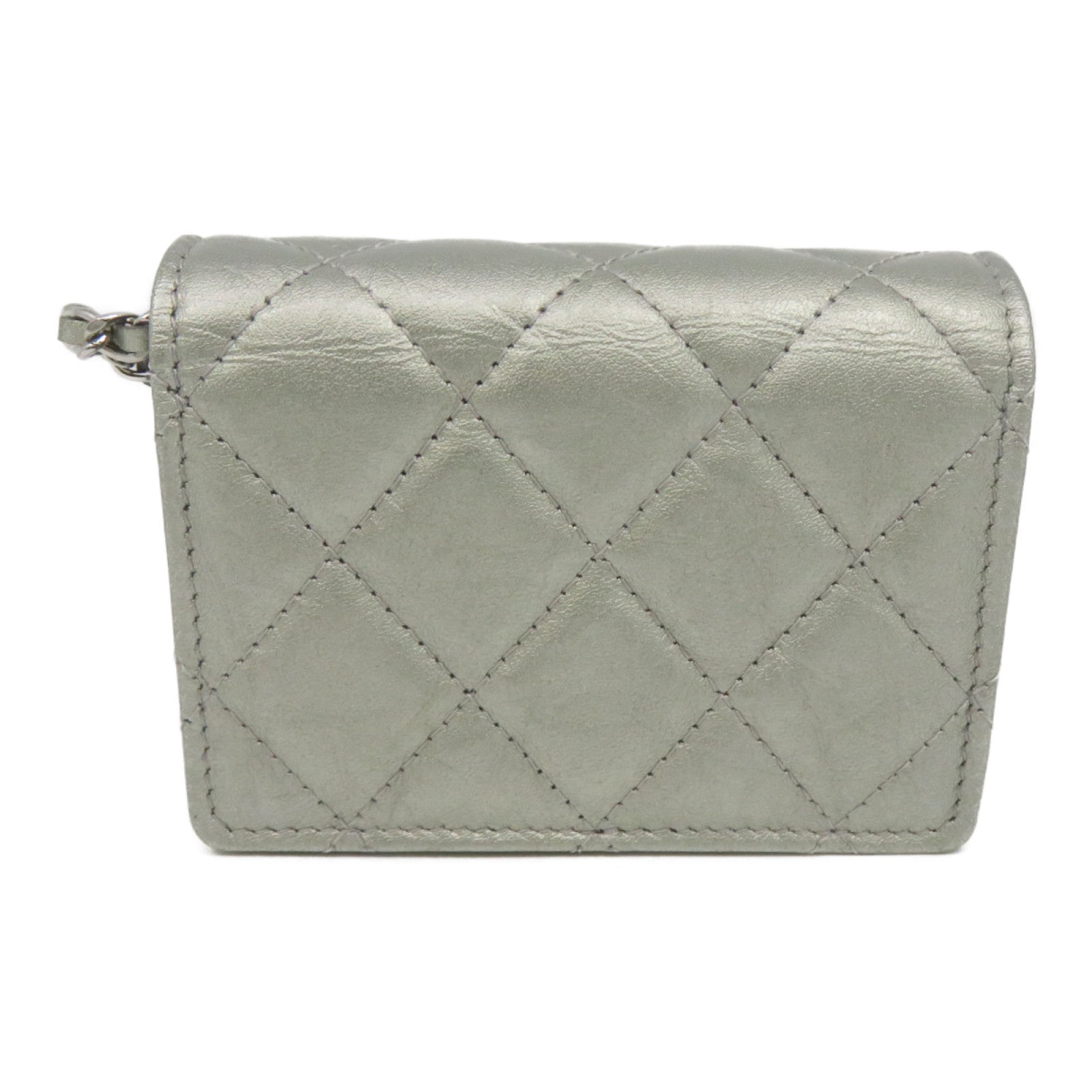 CHANEL 菱格羊皮皮革Chain Card Holder银扣卡片套银色