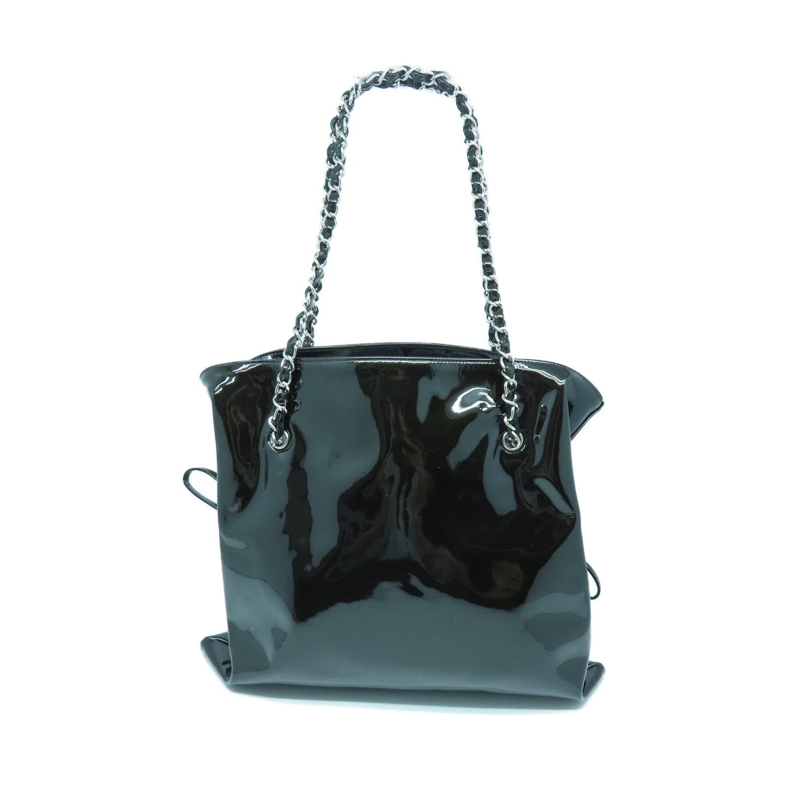 CHANEL 珐琅Chain Shoulder银扣链带肩背袋黑色