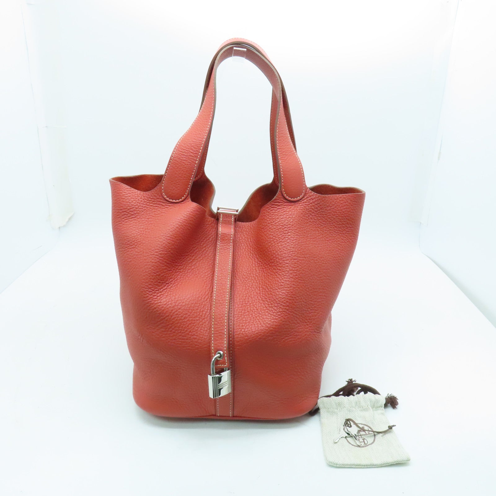 HERMES Clemence Leather Picotin GM Silver Buckle Handle Bag Red