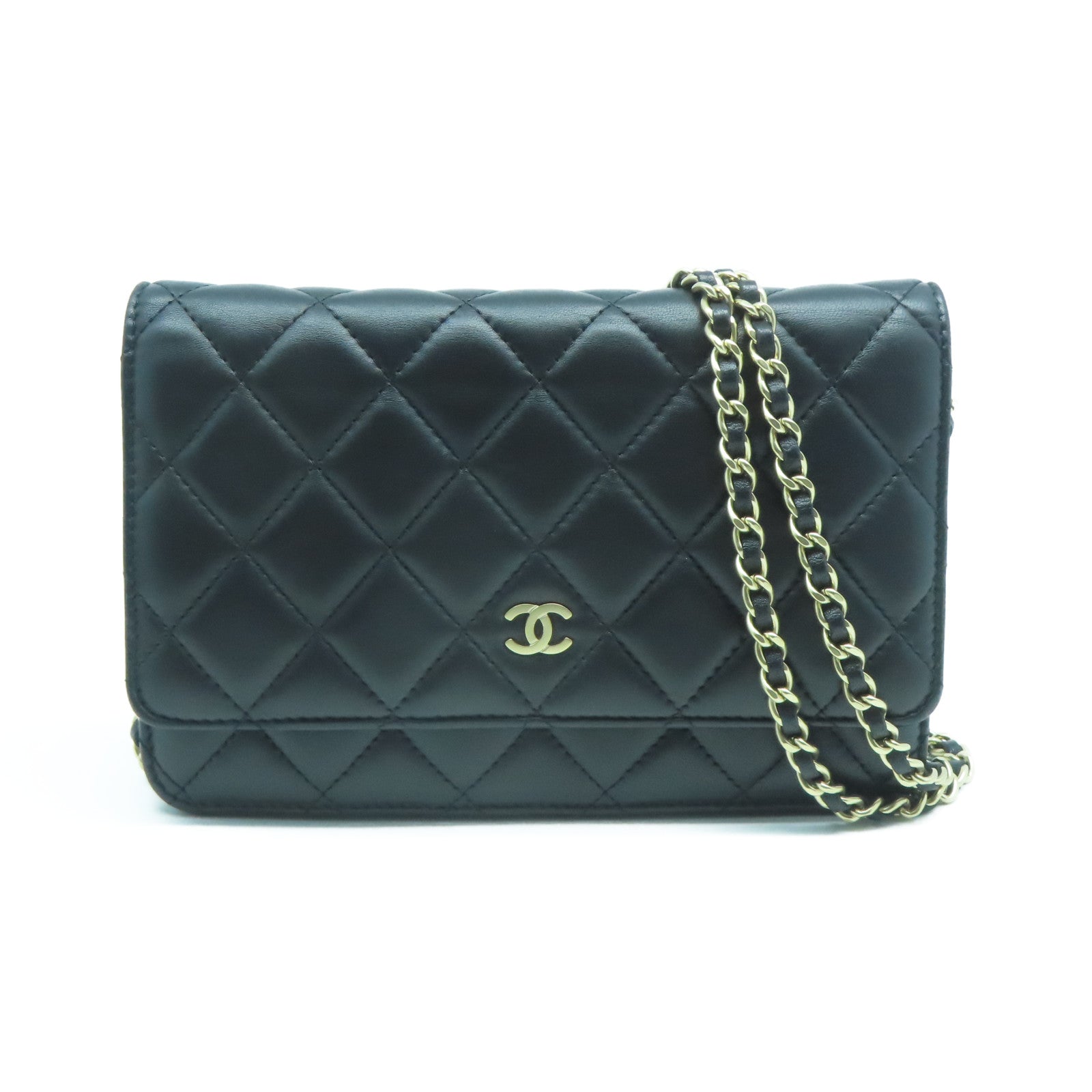 CHANEL 菱格羊皮皮革WOC Shoulder Bag金扣鏈帶肩背袋黑色