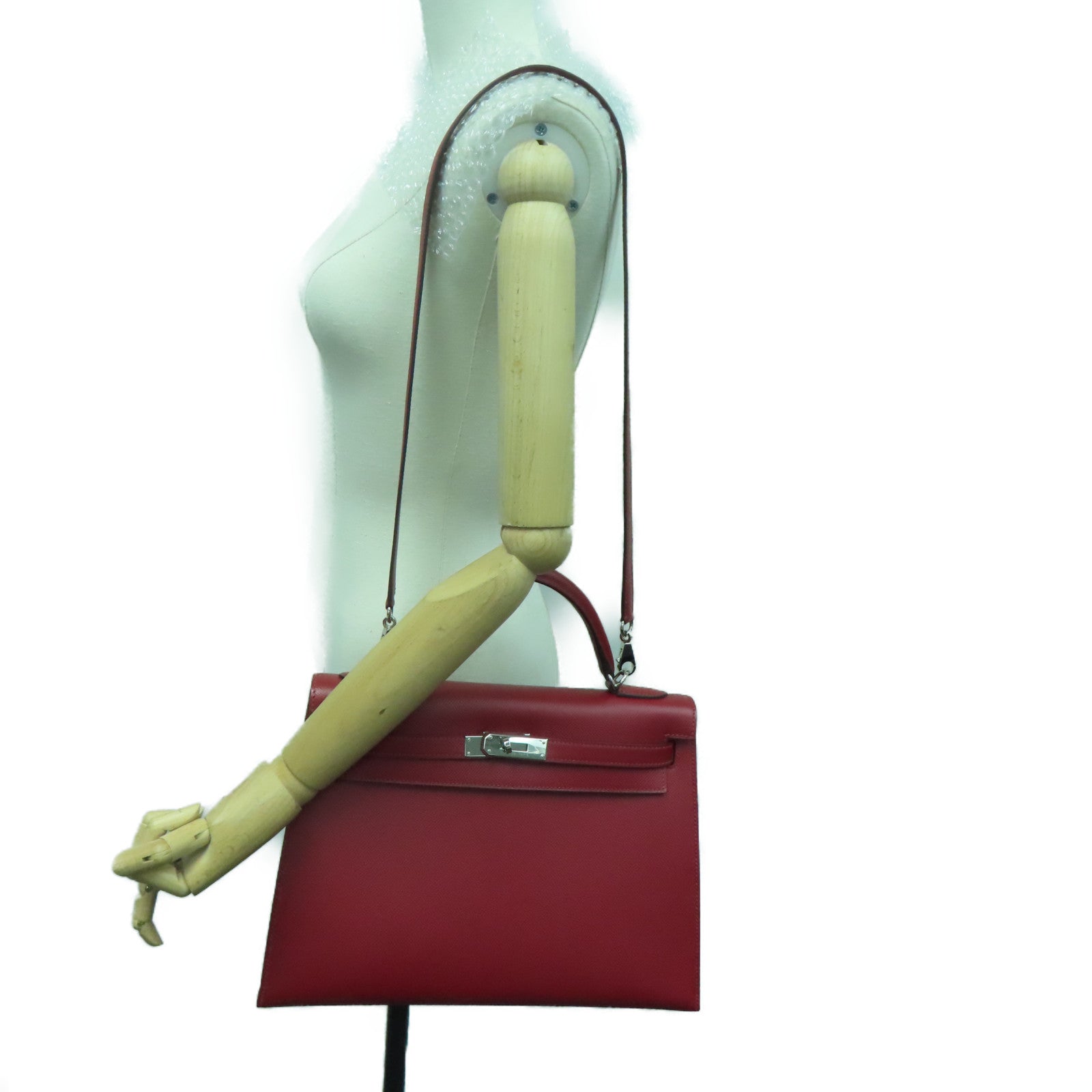HERMES [Sharp Discount] Epson Leather Kelly 32 Silver Buckle Hand Bag Rouge Grenat/Red