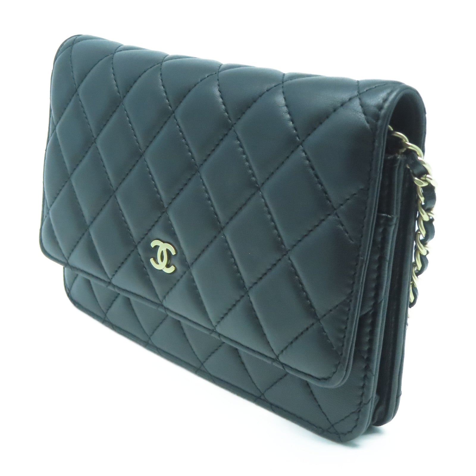 CHANEL 菱格羊皮皮革WOC Shoulder Bag金扣鏈帶肩背袋黑色