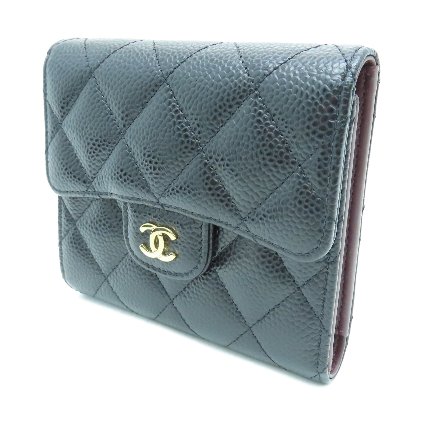 CHANEL 菱格Caviar皮革Wallet金扣錢包黑色