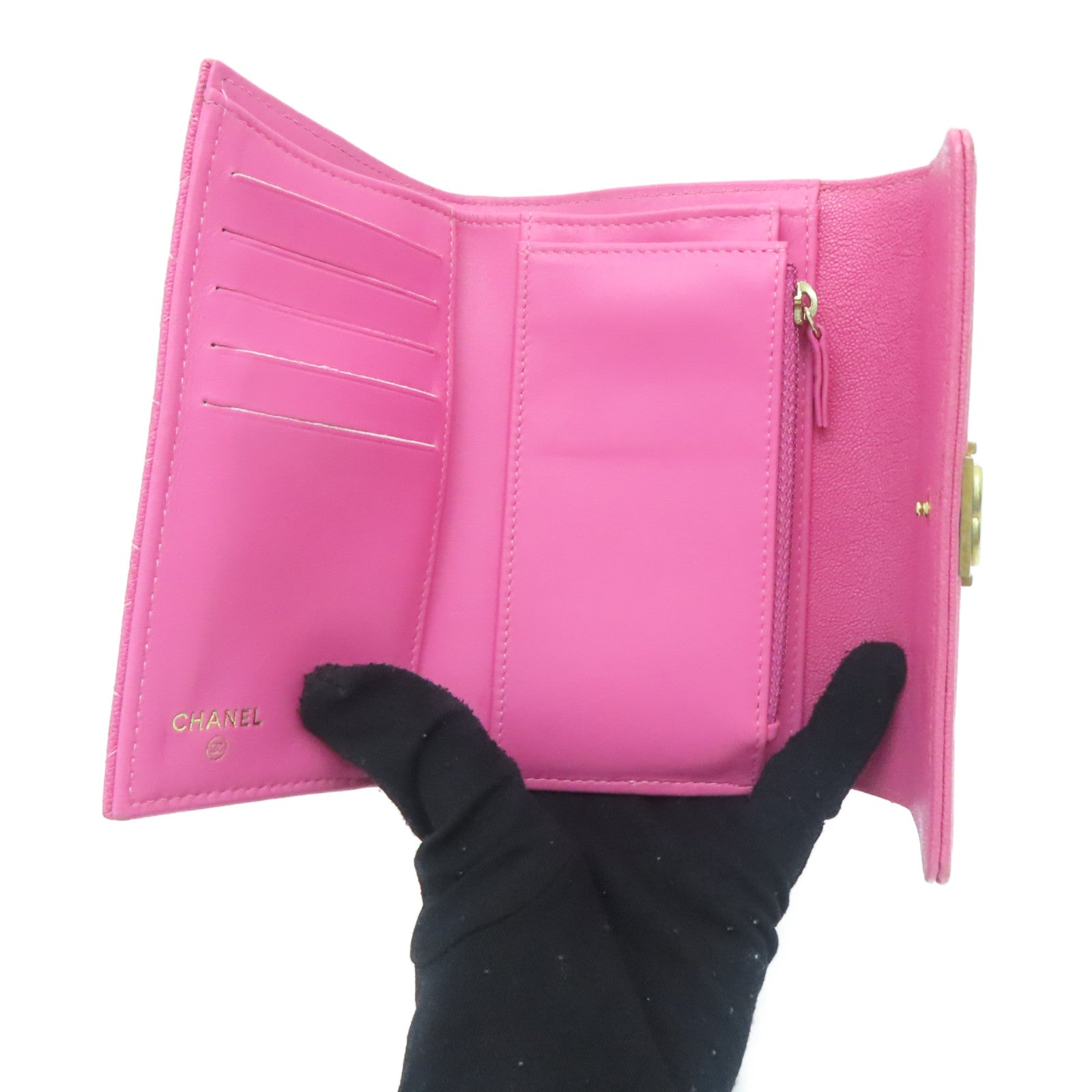 CHANEL 【激减优惠】菱格Caviar皮革Boy Chanel Flap Wallet金扣钱包粉红色