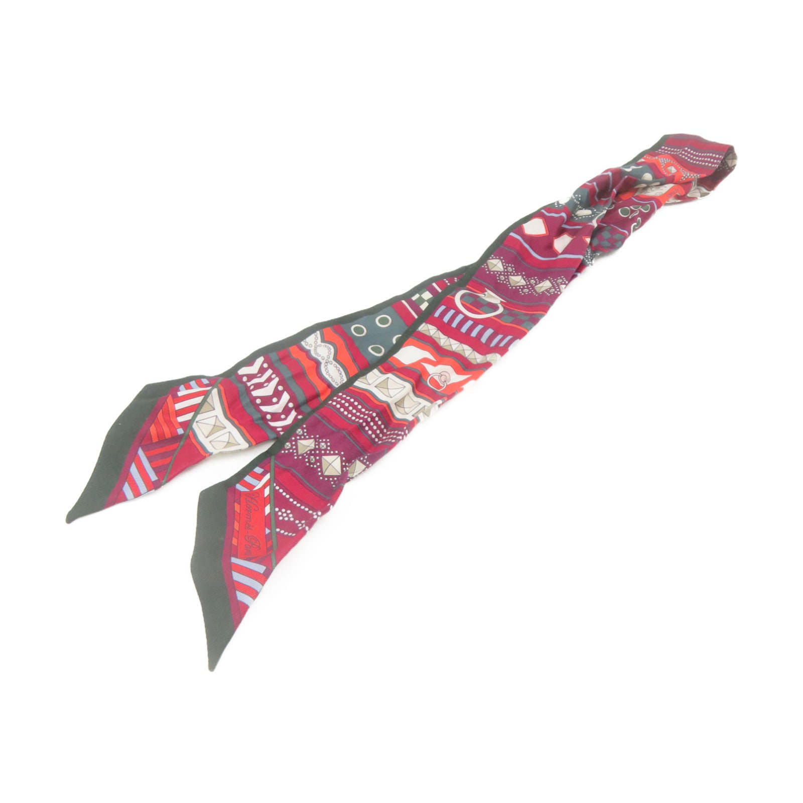 HERMES Silk Twilly Scarf Green/Wine Red/Color
