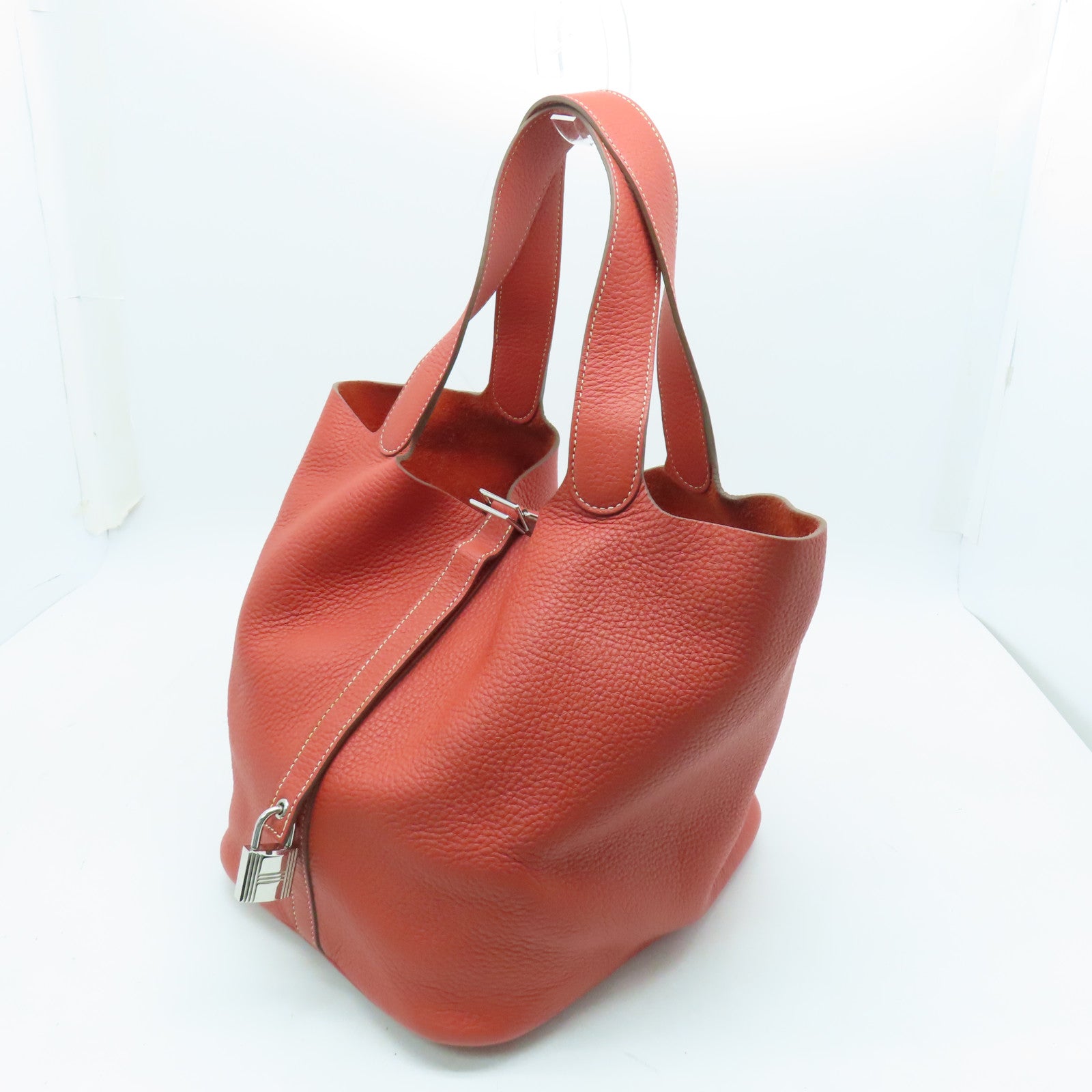 HERMES Clemence Leather Picotin GM Silver Buckle Handle Bag Red