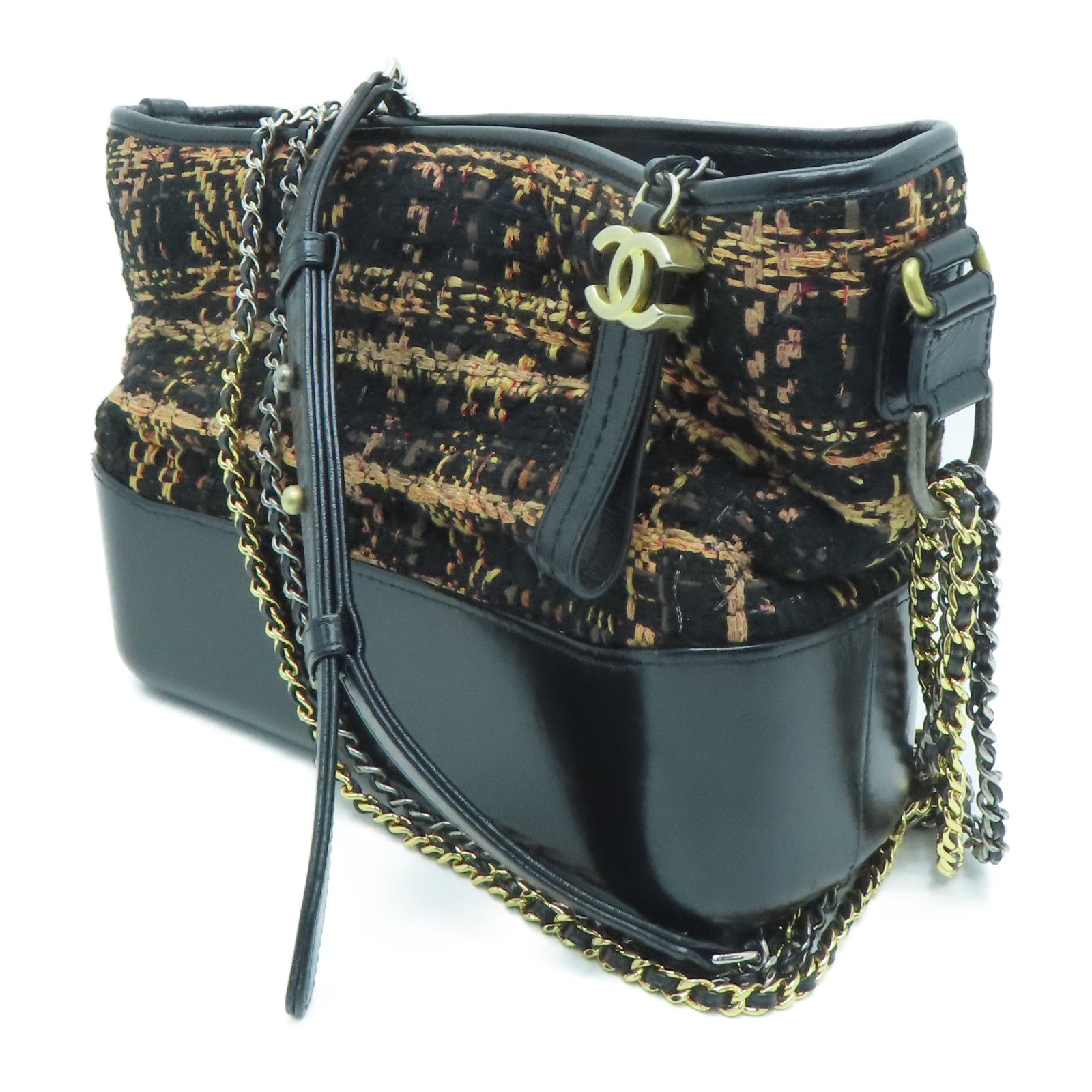 CHANEL [Sharp Discount] Tweed Gabrielle Large Gold Buckle Chain Shoulder Bag Black/Orange