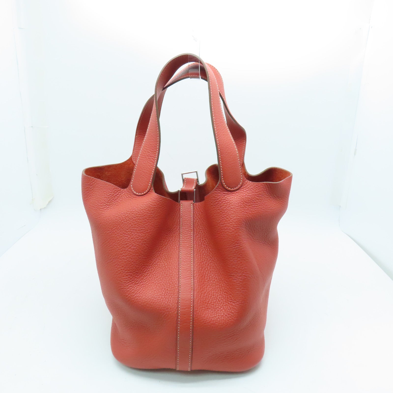 HERMES Clemence Leather Picotin GM Silver Buckle Handle Bag Red