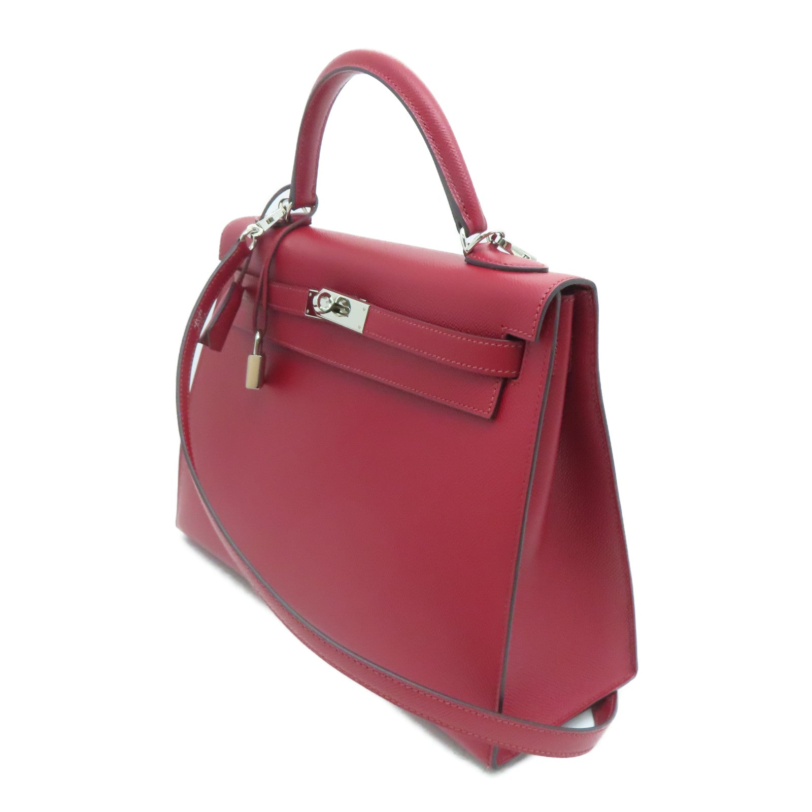 HERMES [Sharp Discount] Epson Leather Kelly 32 Silver Buckle Hand Bag Rouge Grenat/Red