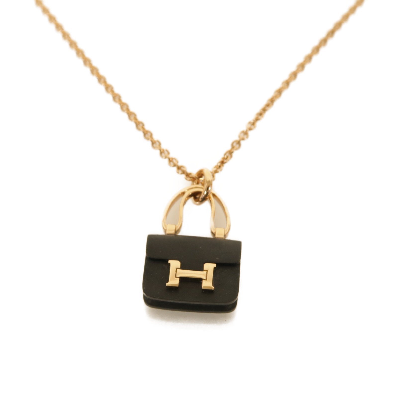 HERMES 黒翡翠/18K玫瑰金Amulette Constance項鍊黒色