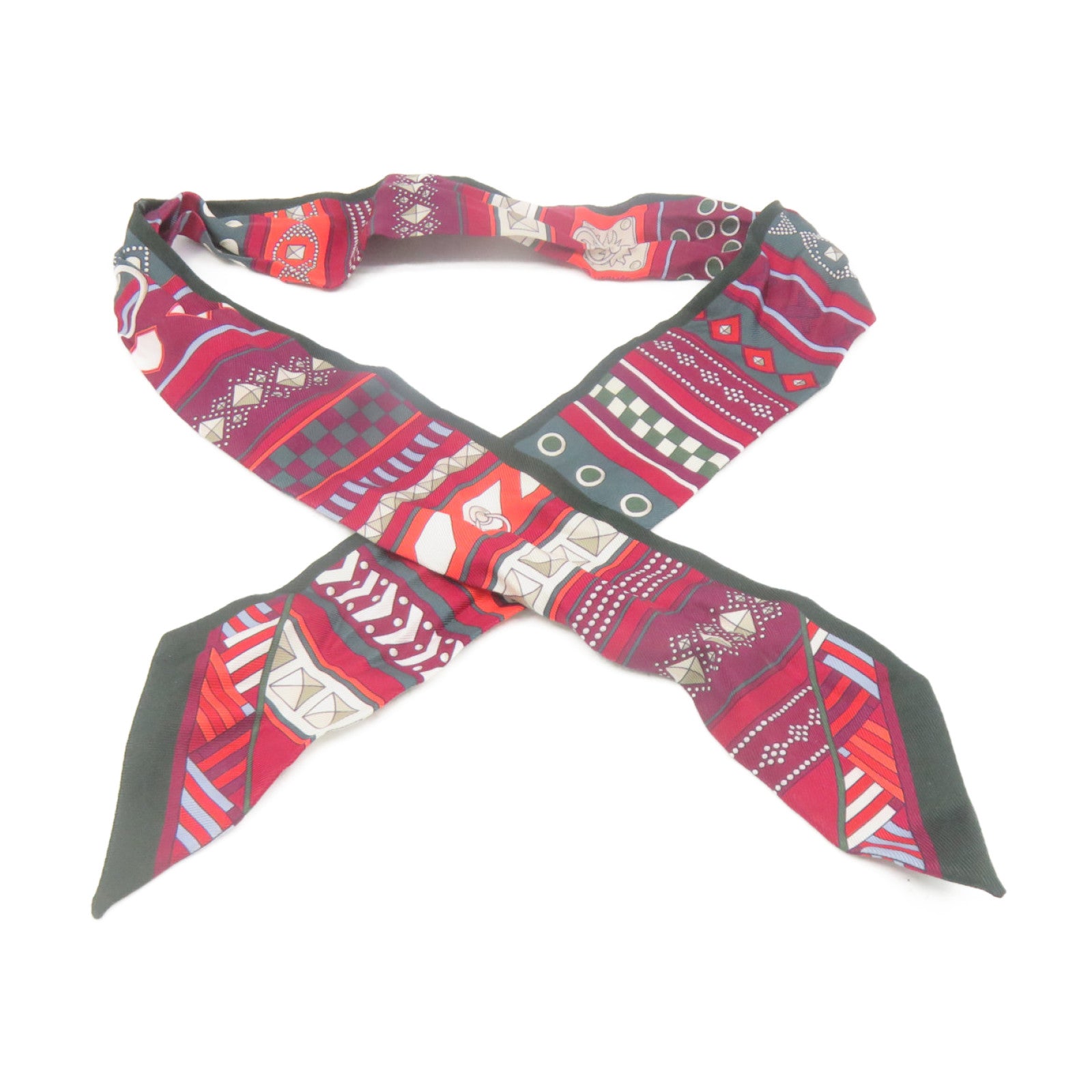 HERMES Silk Twilly Scarf Green/Wine Red/Color