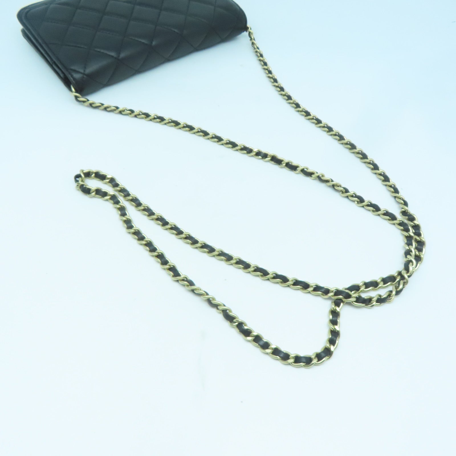 CHANEL 菱格羊皮皮革WOC Shoulder Bag金扣鏈帶肩背袋黑色