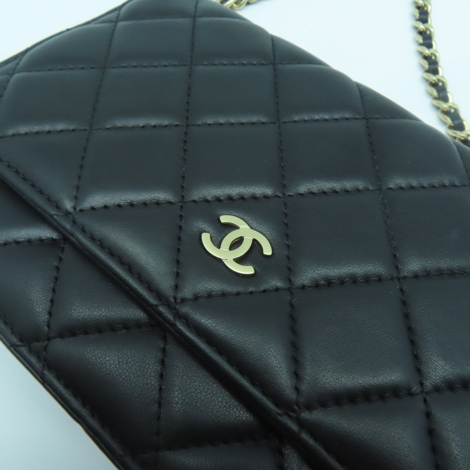 CHANEL 菱格羊皮皮革WOC Shoulder Bag金扣鏈帶肩背袋黑色