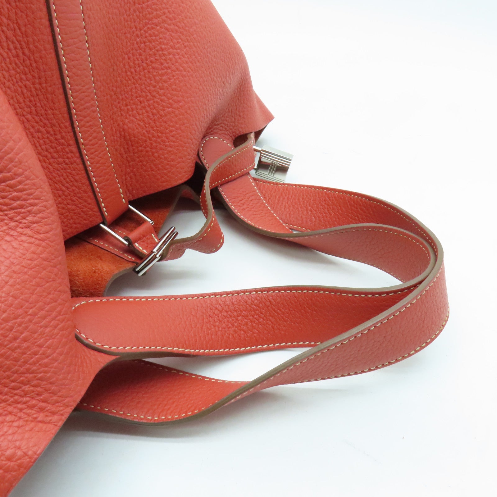 HERMES Clemence Leather Picotin GM Silver Buckle Handle Bag Red