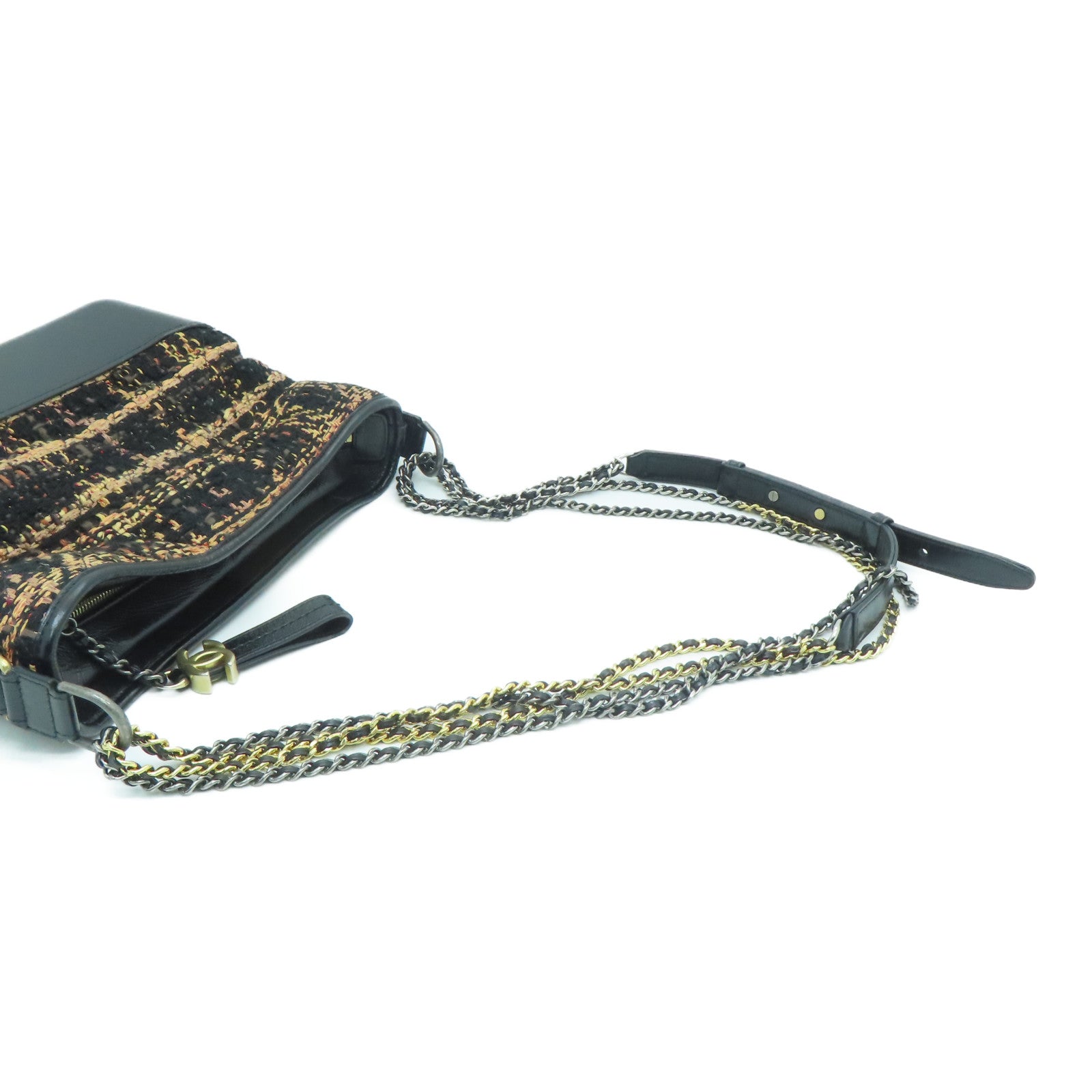 CHANEL [Sharp Discount] Tweed Gabrielle Large Gold Buckle Chain Shoulder Bag Black/Orange