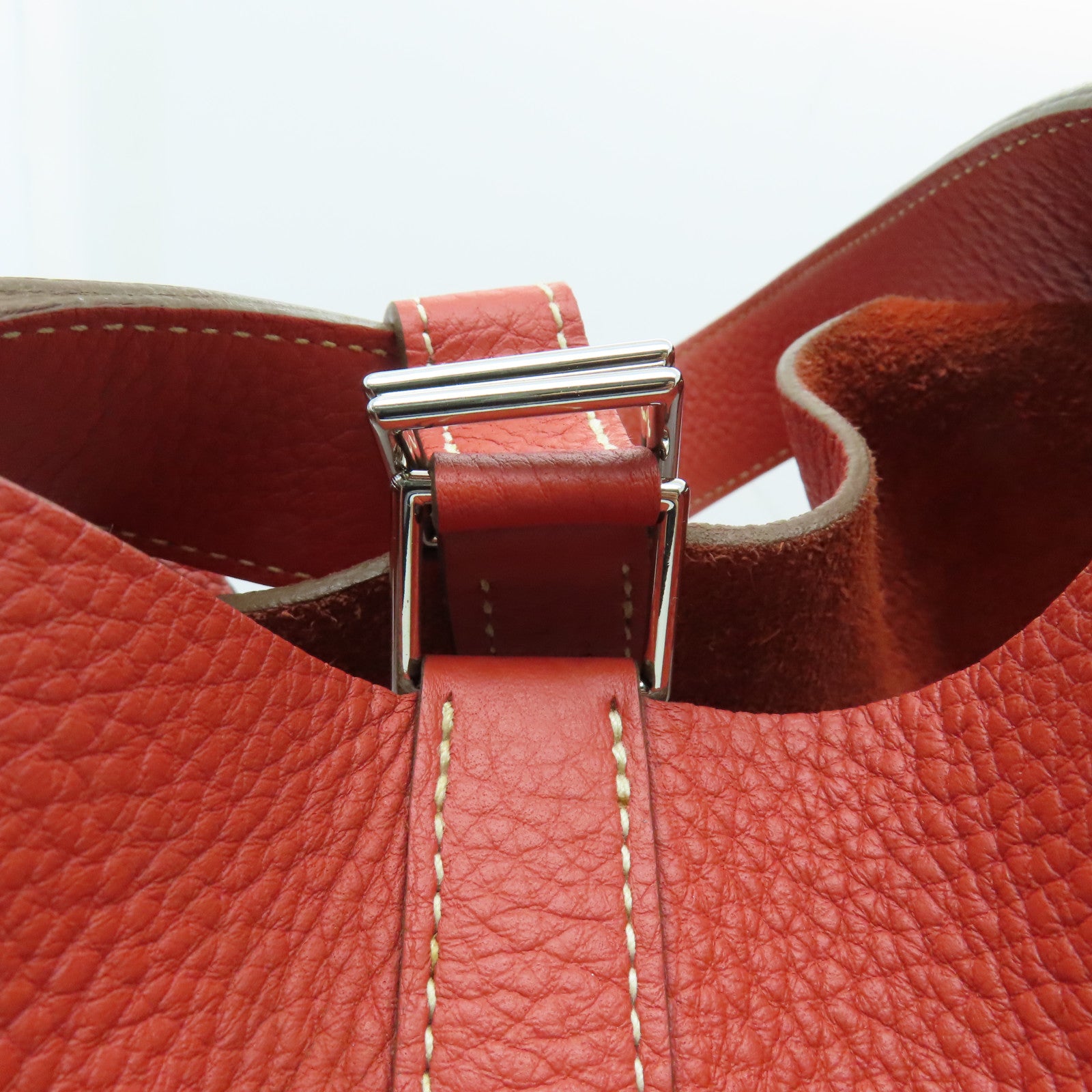 HERMES Clemence Leather Picotin GM Silver Buckle Handle Bag Red