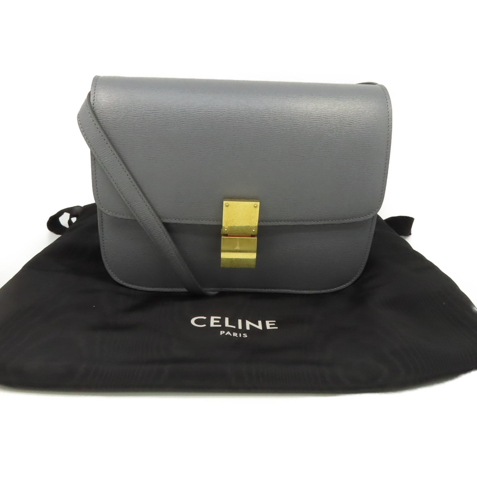 CELINE 牛皮皮革Classic Box Shoulder Bag金扣肩背袋灰色
