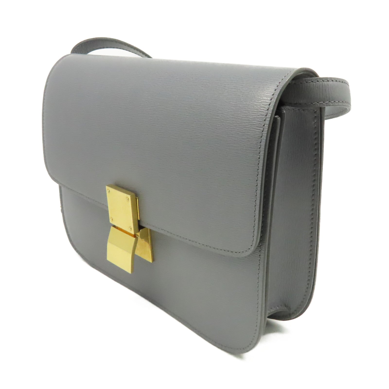 CELINE 牛皮皮革Classic Box Shoulder Bag金扣肩背袋灰色