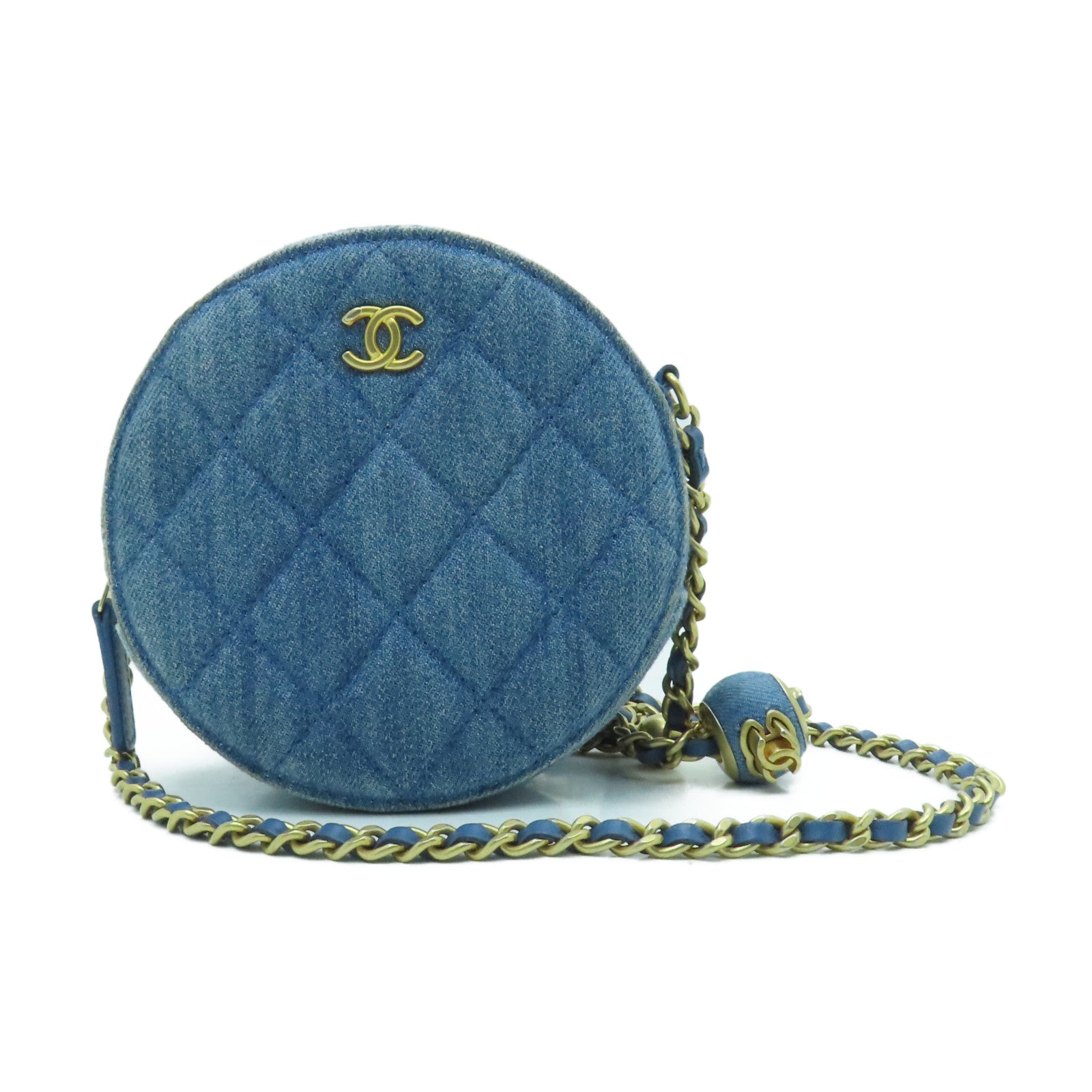 CHANEL 菱格牛仔布Chain Shoulder金扣鏈帶肩背袋藍色