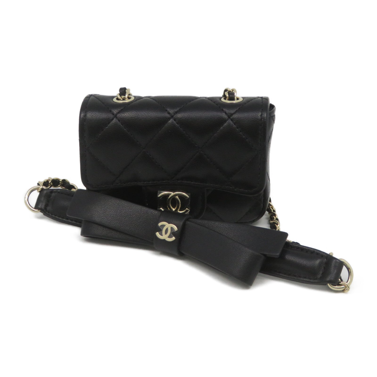 CHANEL 菱格羊皮皮革Chain Shoulder金扣链带肩背袋黑色