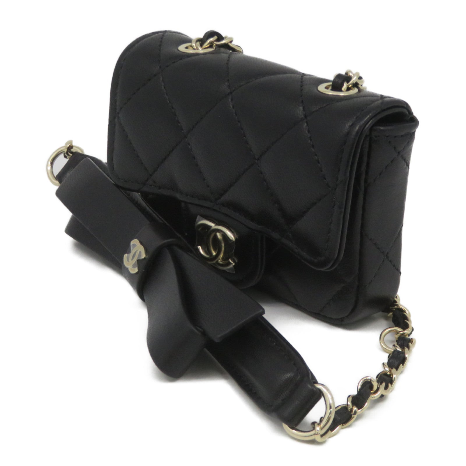 CHANEL 菱格羊皮皮革Chain Shoulder金扣链带肩背袋黑色