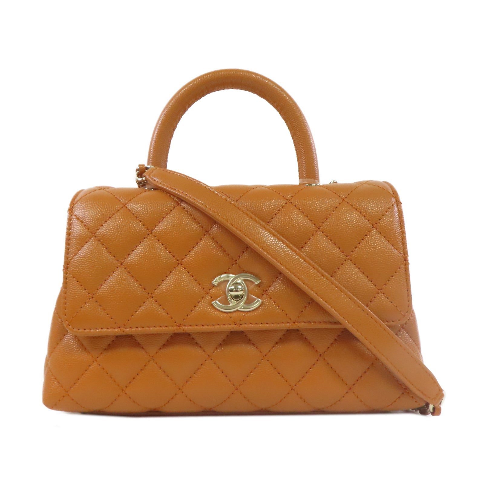 CHANEL 菱格Caviar皮革Co Co Handle金扣手挽肩背兩用袋啡色