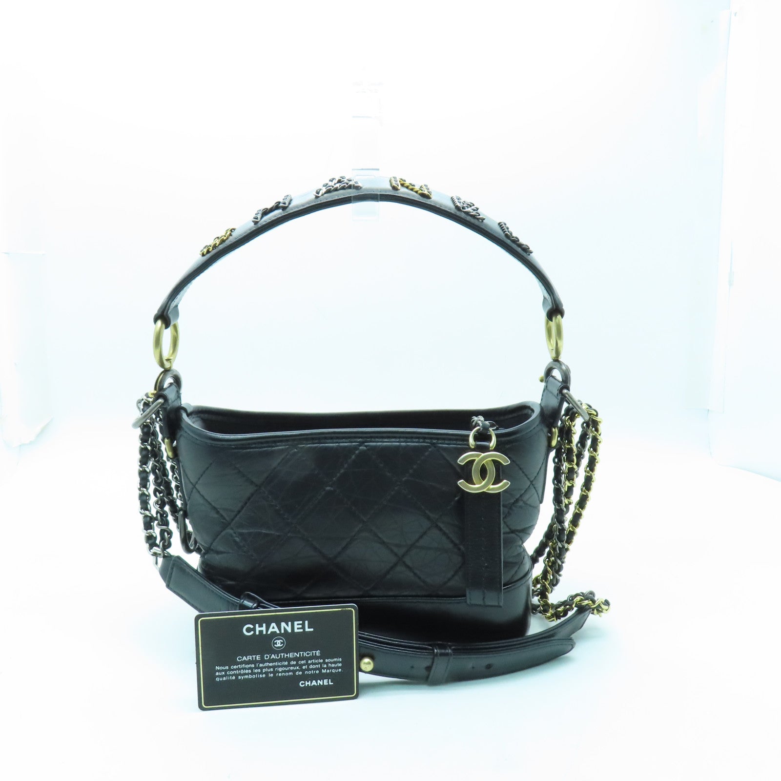 CHANEL 菱格牛皮皮革Gabrielle Small金扣/銀扣手挽肩背兩用袋黑色