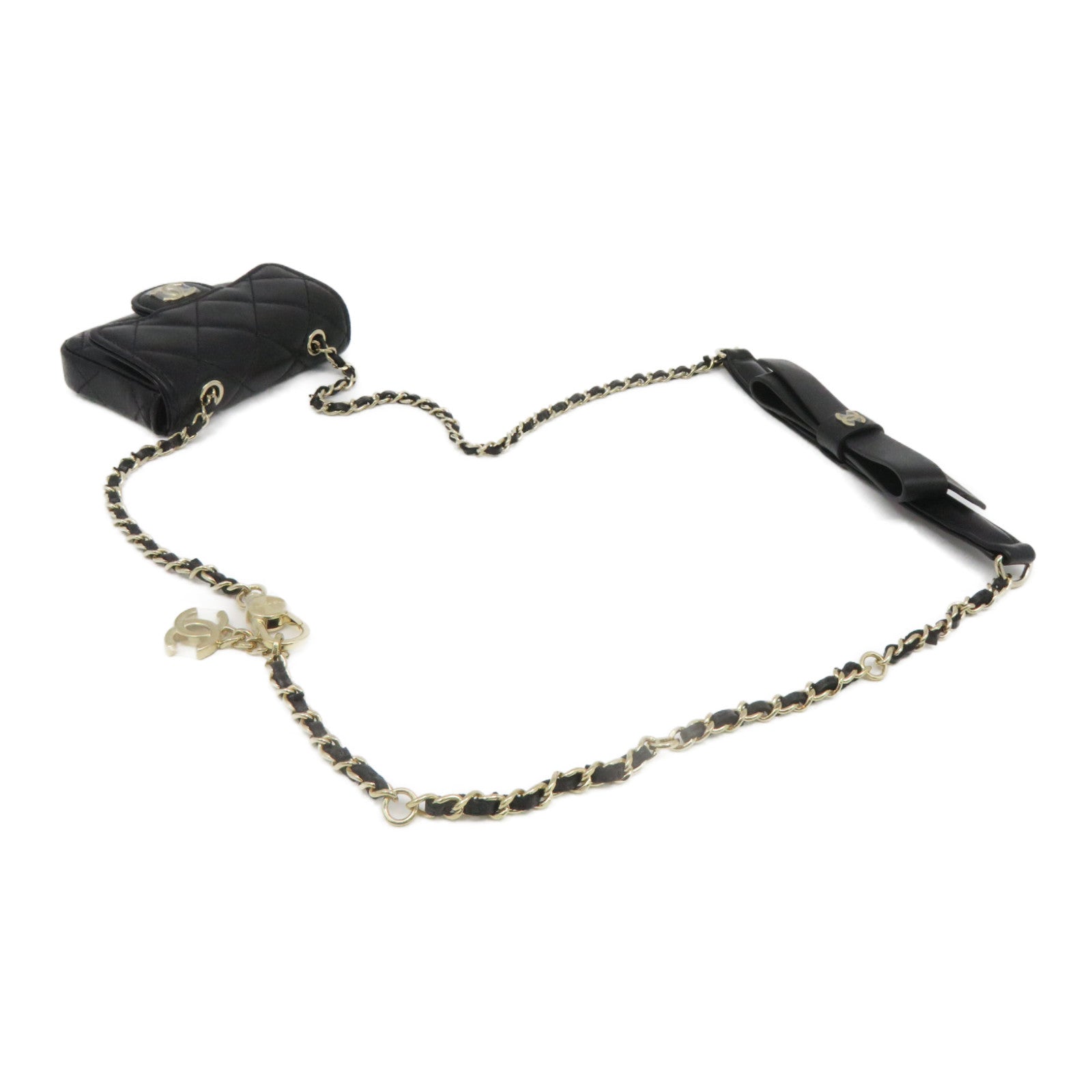 CHANEL 菱格羊皮皮革Chain Shoulder金扣链带肩背袋黑色