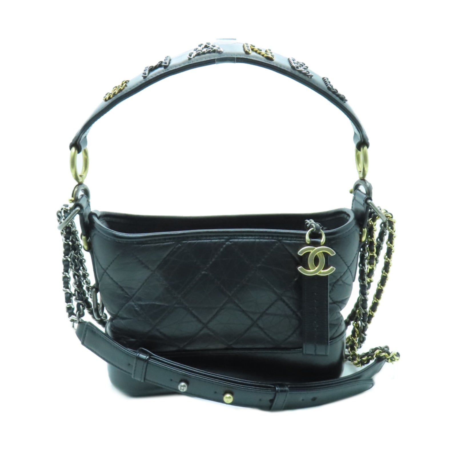 CHANEL 菱格牛皮皮革Gabrielle Small金扣/銀扣手挽肩背兩用袋黑色