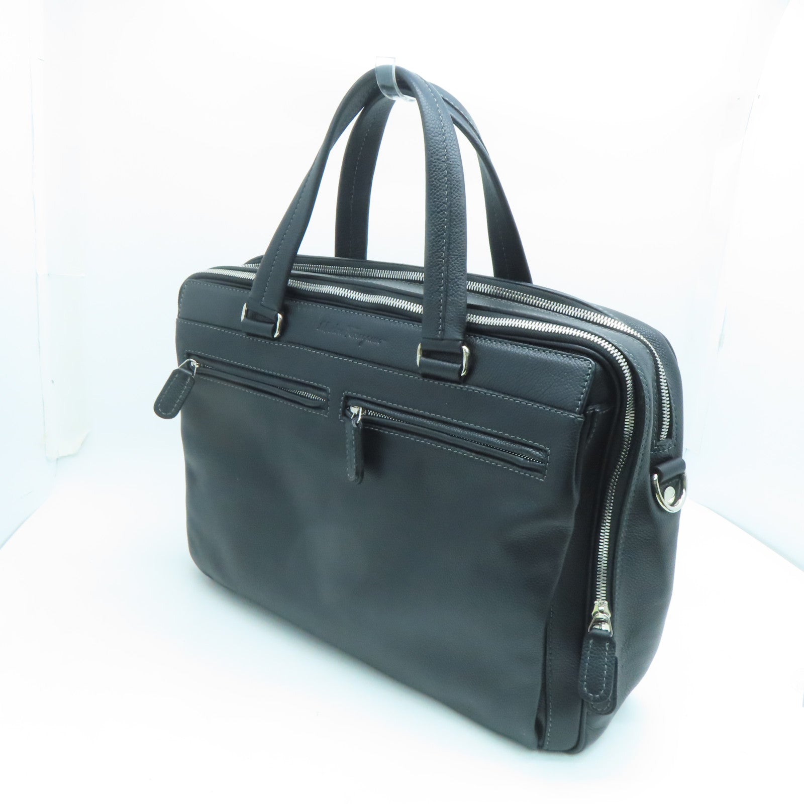Salvatore Ferragamo Leather Briefcase Bag Silver Buckle Black