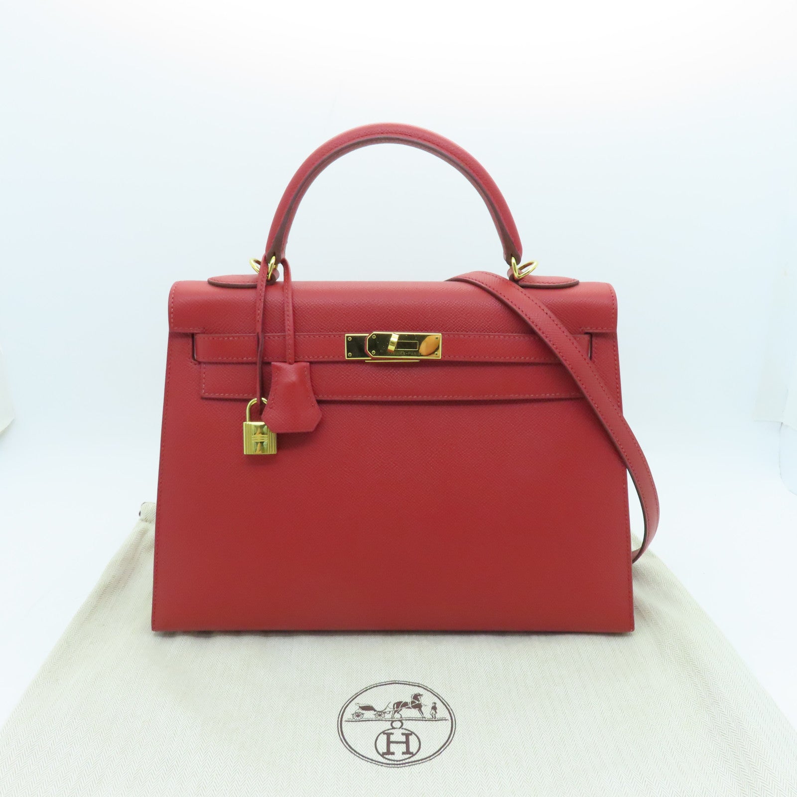 HERMES Veau Epsom皮革Kelly 32金扣手挽肩背两用袋红色