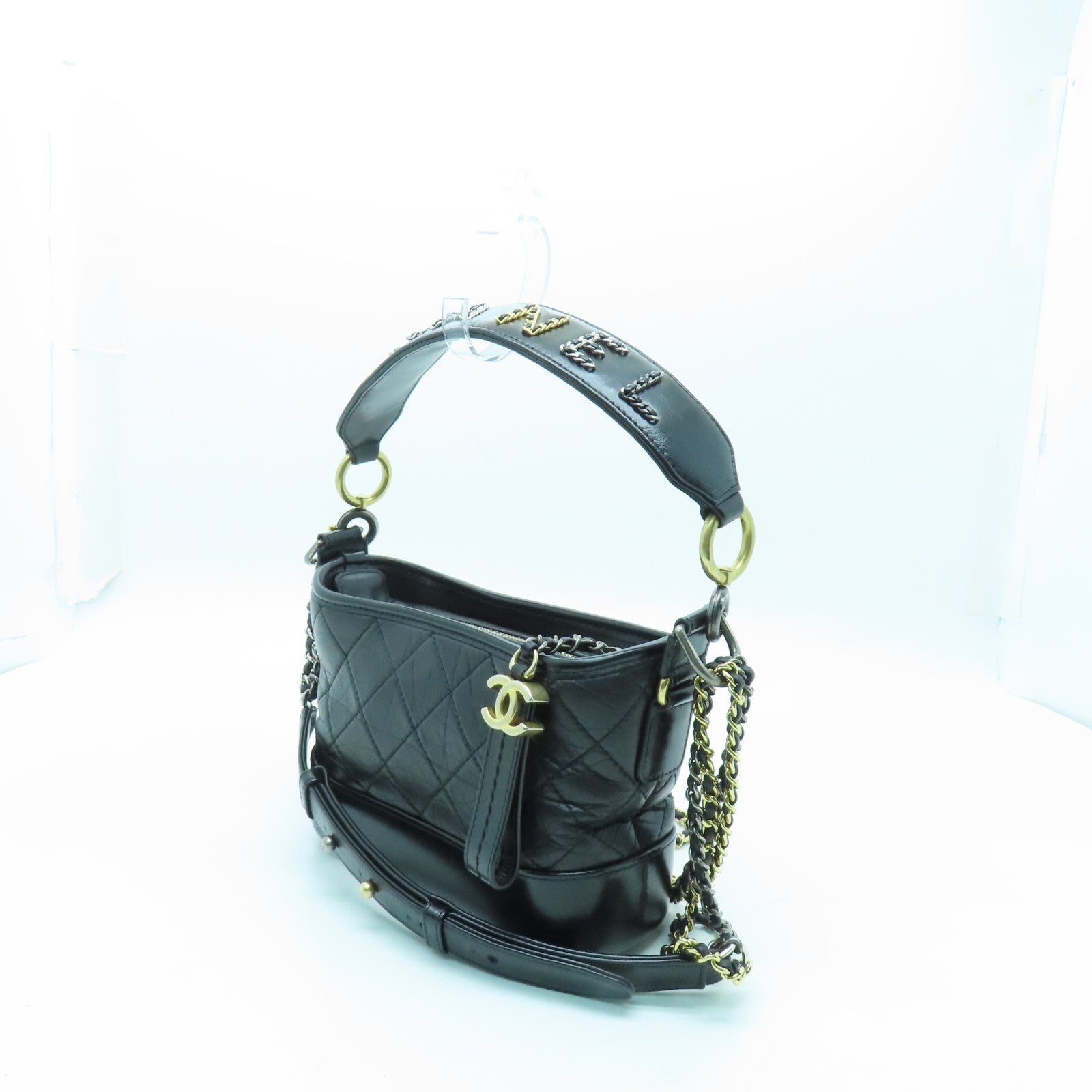 CHANEL 菱格牛皮皮革Gabrielle Small金扣/銀扣手挽肩背兩用袋黑色