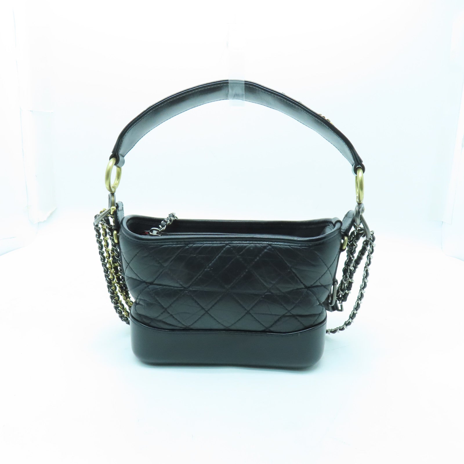 CHANEL 菱格牛皮皮革Gabrielle Small金扣/銀扣手挽肩背兩用袋黑色