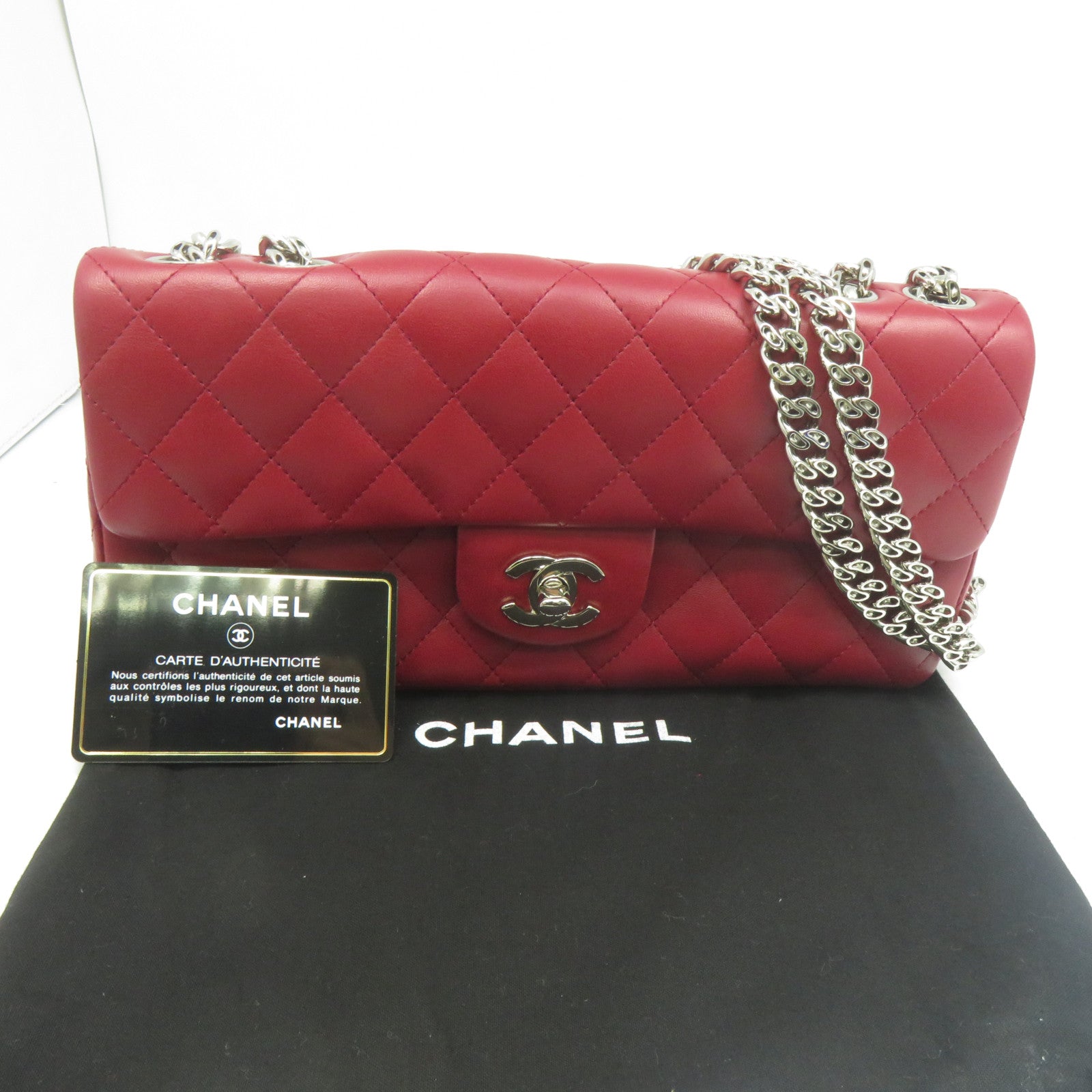CHANEL 菱格羊皮皮革Chain Shoulder銀扣鏈帶肩背袋紅色