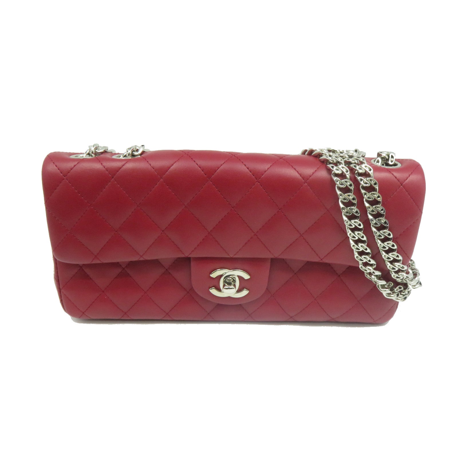 CHANEL 菱格羊皮皮革Chain Shoulder銀扣鏈帶肩背袋紅色
