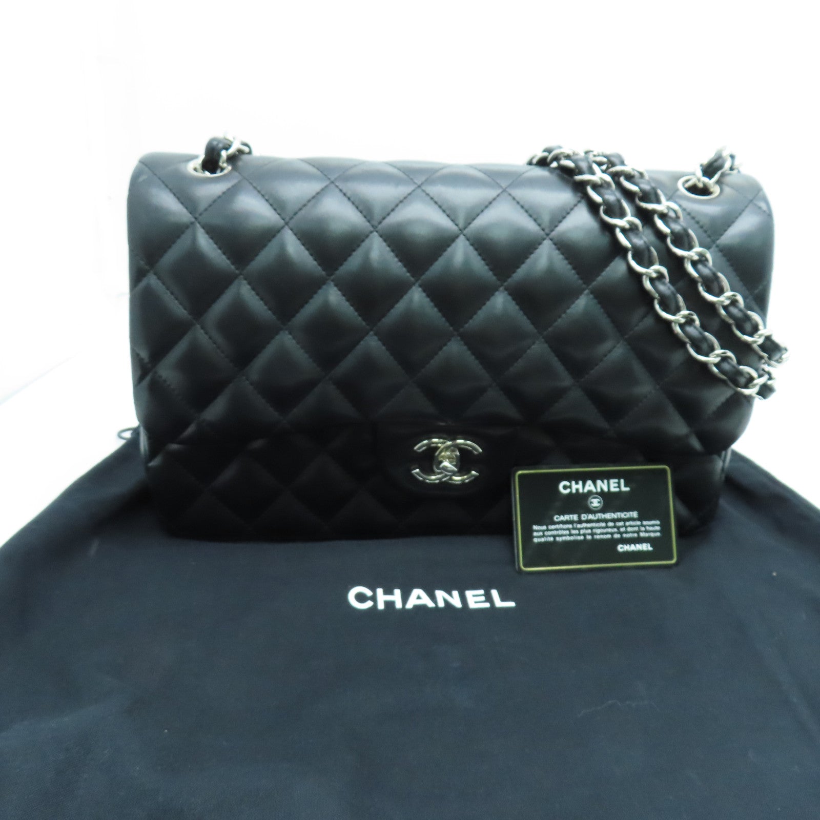CHANEL 菱格羊皮皮革Classic Chain Shoulder银扣手挽肩背两用袋黑色