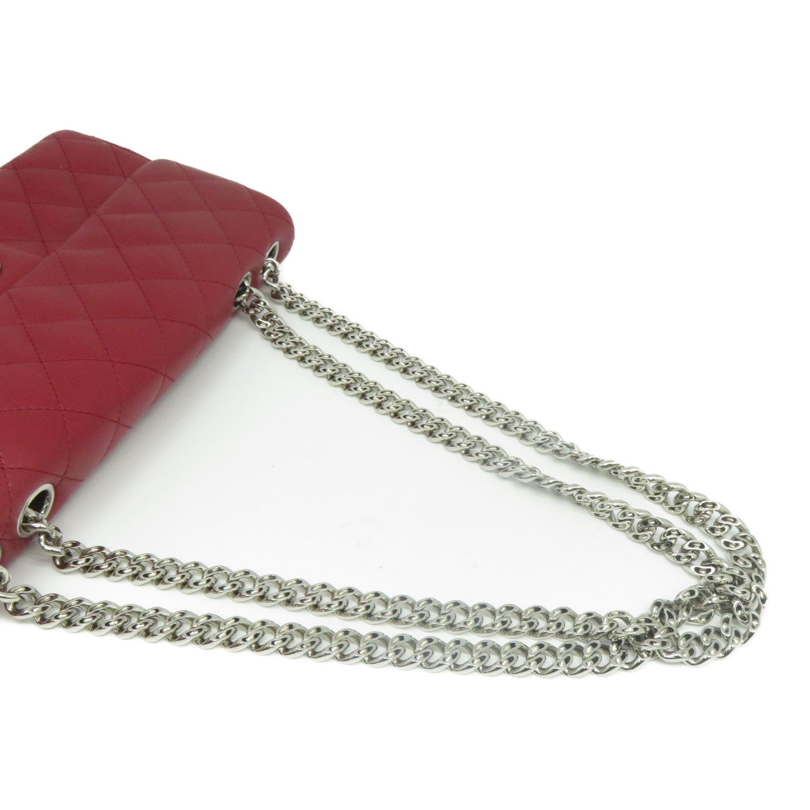 CHANEL 菱格羊皮皮革Chain Shoulder銀扣鏈帶肩背袋紅色