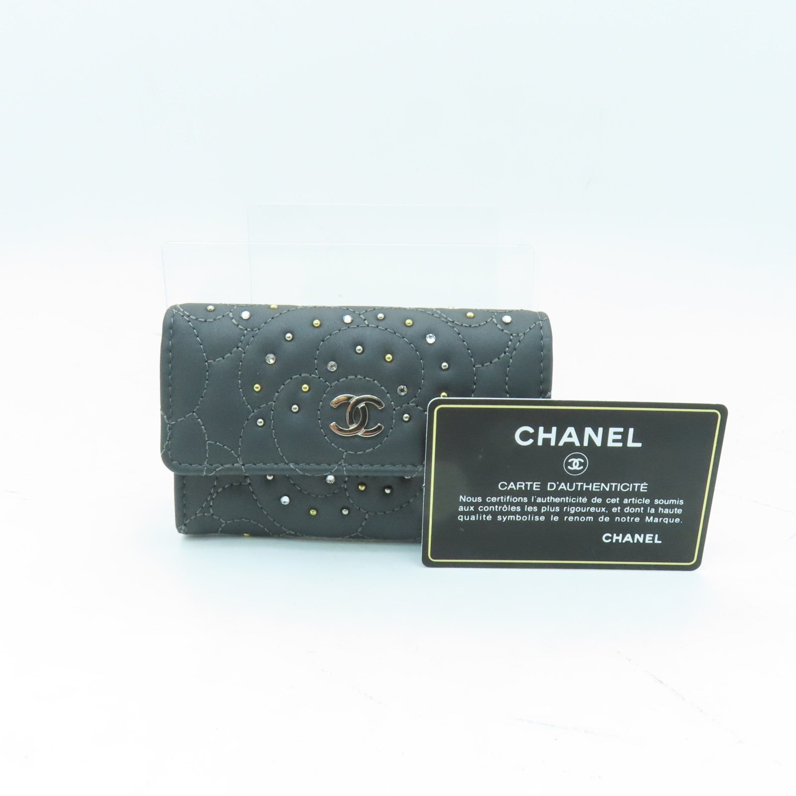 CHANEL 羊皮皮革Card Case銀扣卡片套灰色