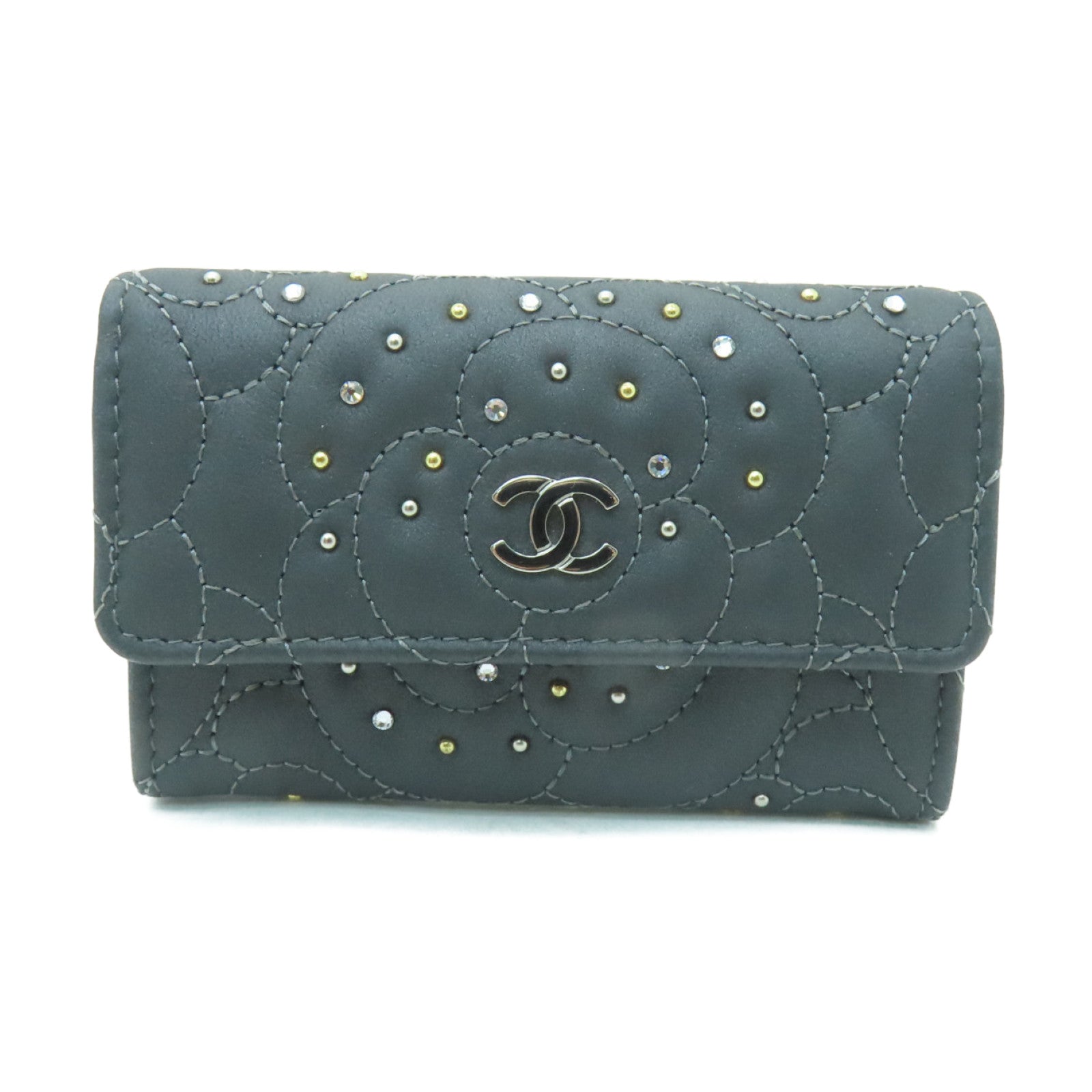 CHANEL 羊皮皮革Card Case銀扣卡片套灰色