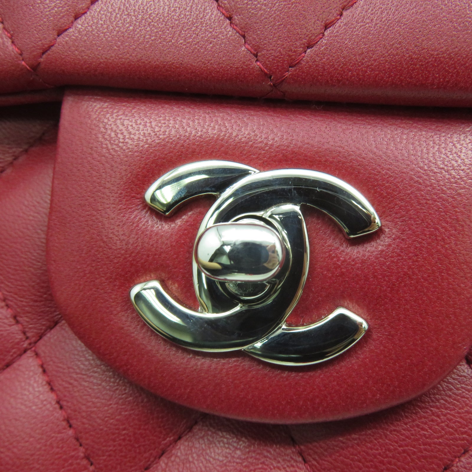 CHANEL 菱格羊皮皮革Chain Shoulder銀扣鏈帶肩背袋紅色