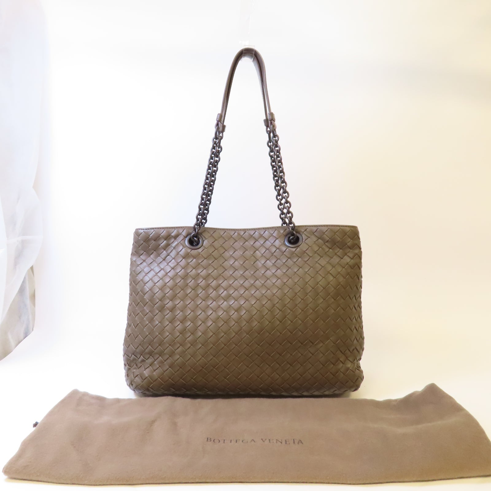 BOTTEGA VENETA 織紋皮革Shoulder Bag黑扣鏈帶肩背袋啡色