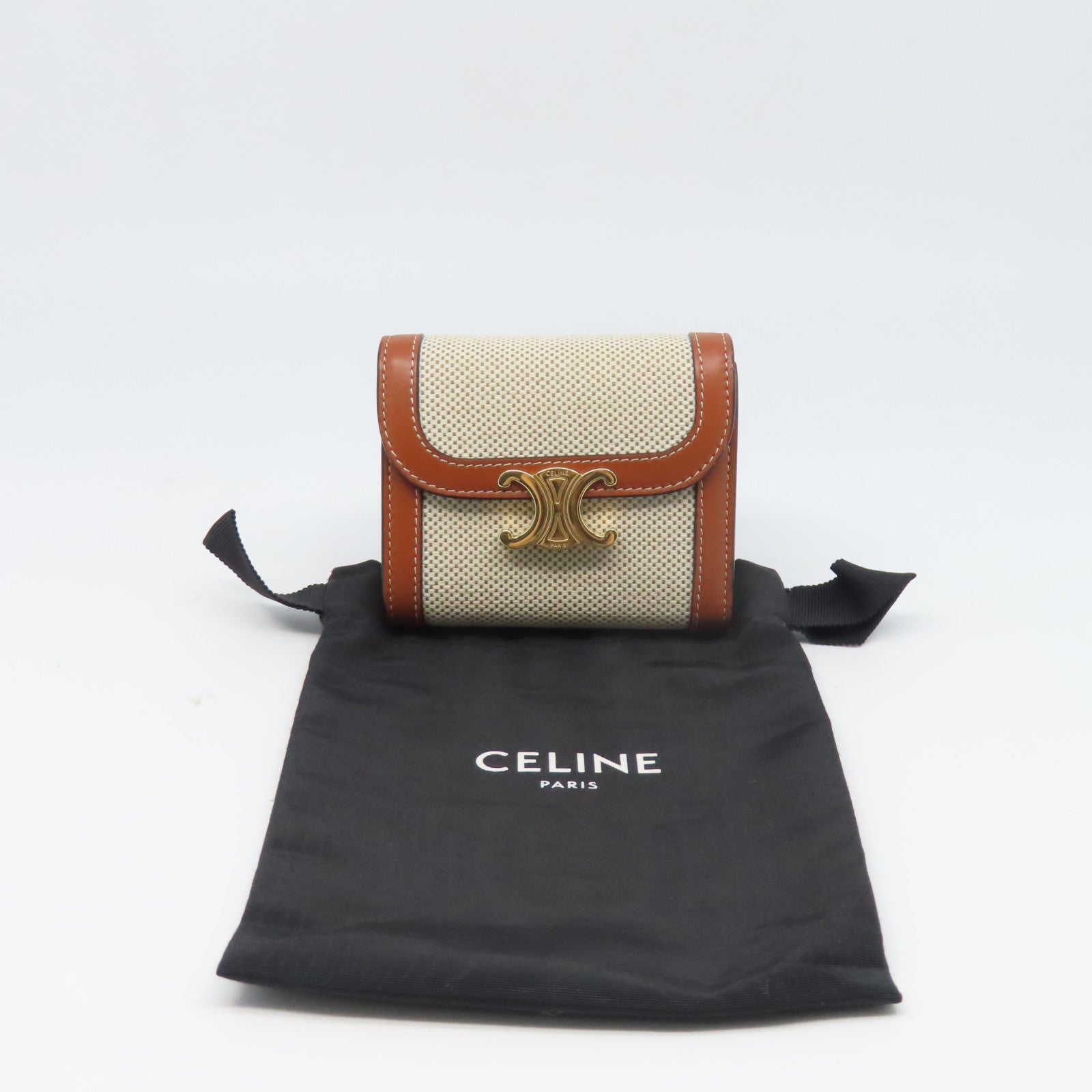 CELINE 牛皮皮革/帆布Wallet金扣錢包棕色/米色
