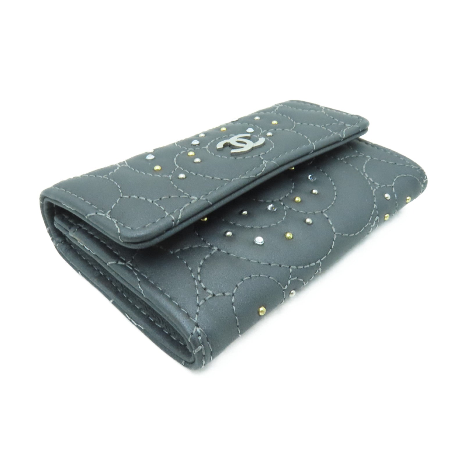 CHANEL 羊皮皮革Card Case銀扣卡片套灰色