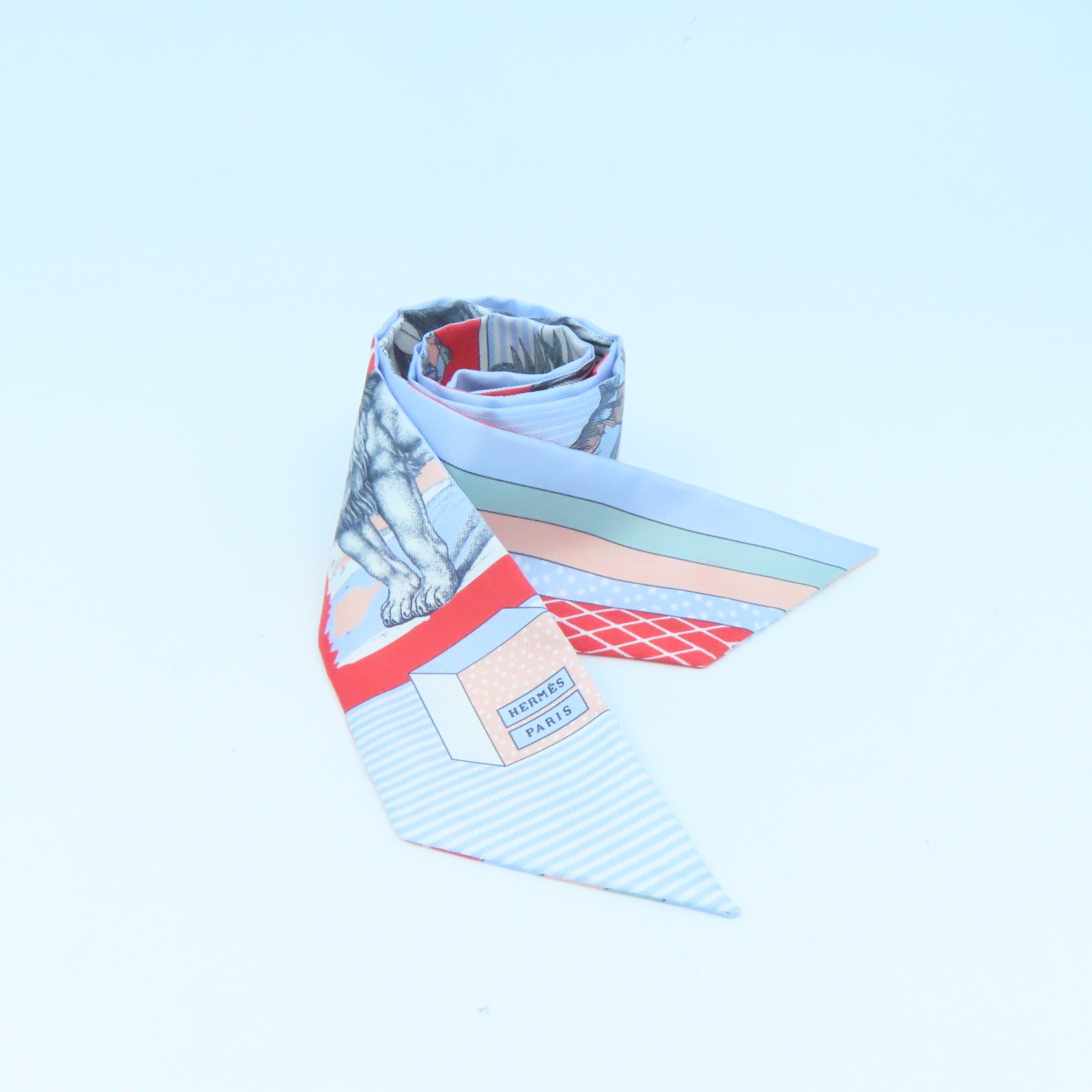 HERMES 丝质Twilly丝巾浅蓝色/红色