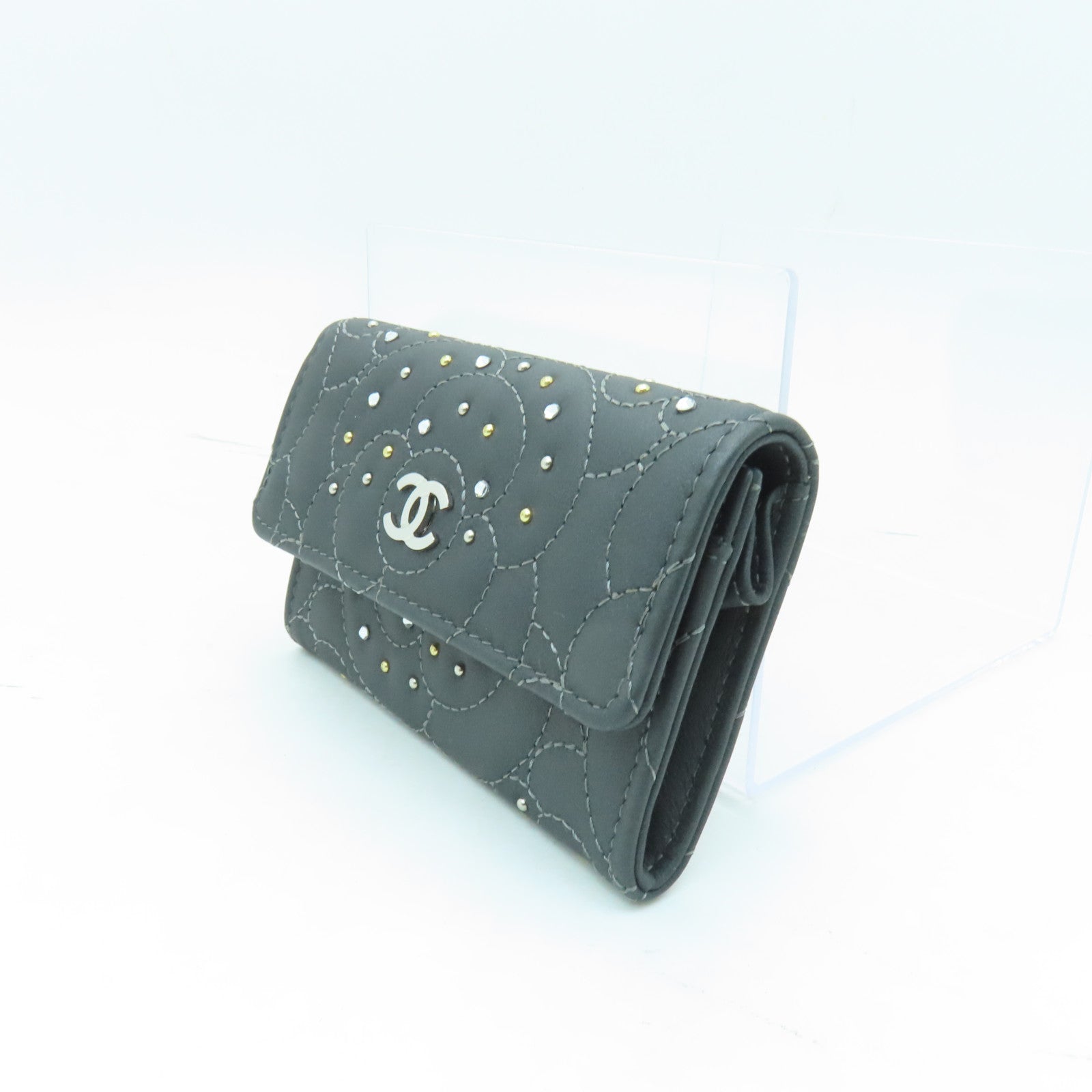 CHANEL 羊皮皮革Card Case銀扣卡片套灰色