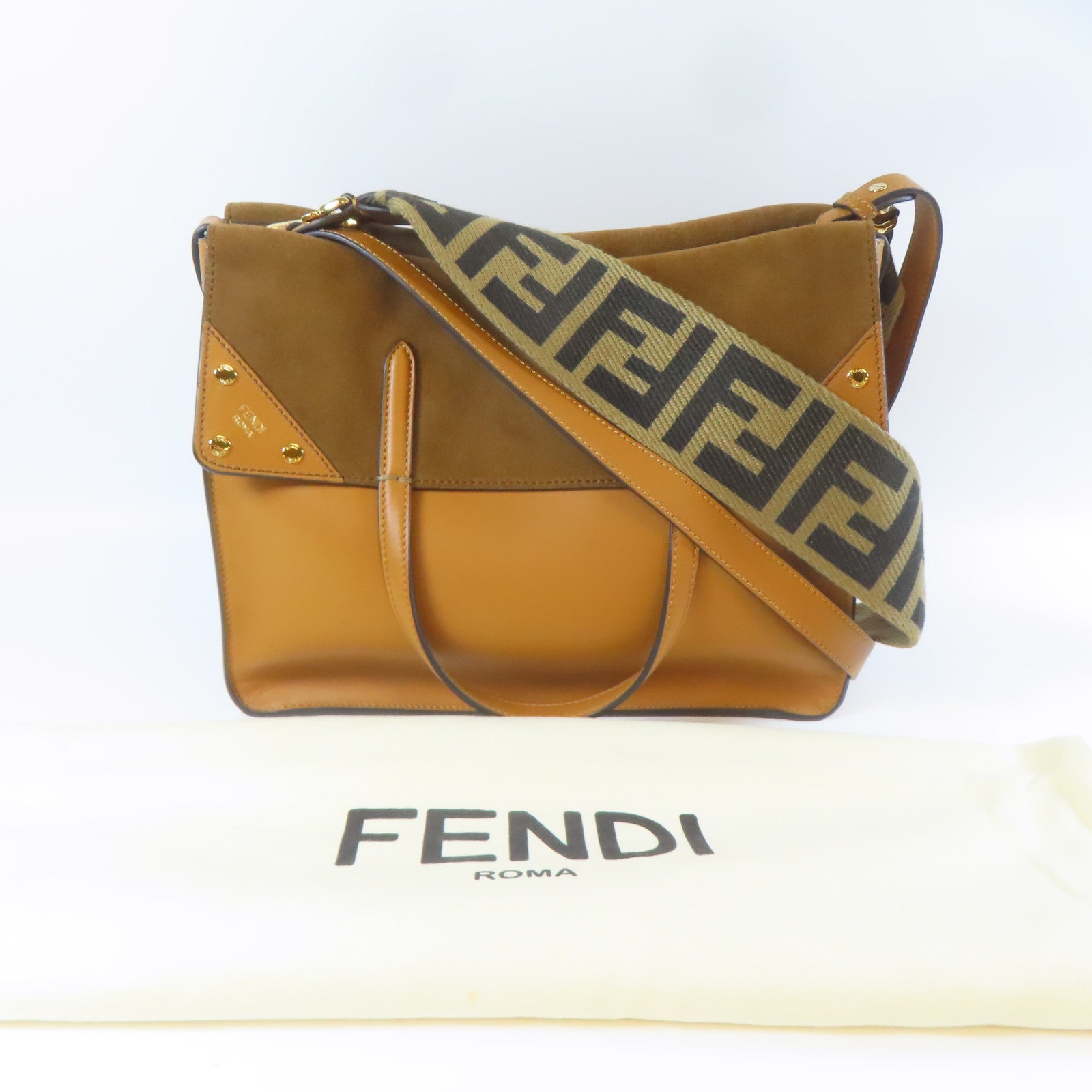 FENDI 牛皮皮革/麂皮皮革Flip Tote Shoulder Bag金扣手挽肩背兩用袋啡色