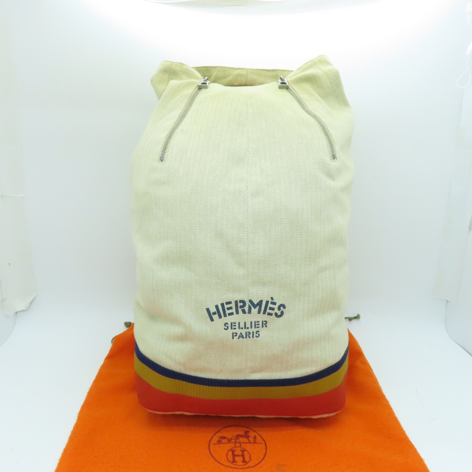 HERMES 帆布Backpack銀扣背包米色