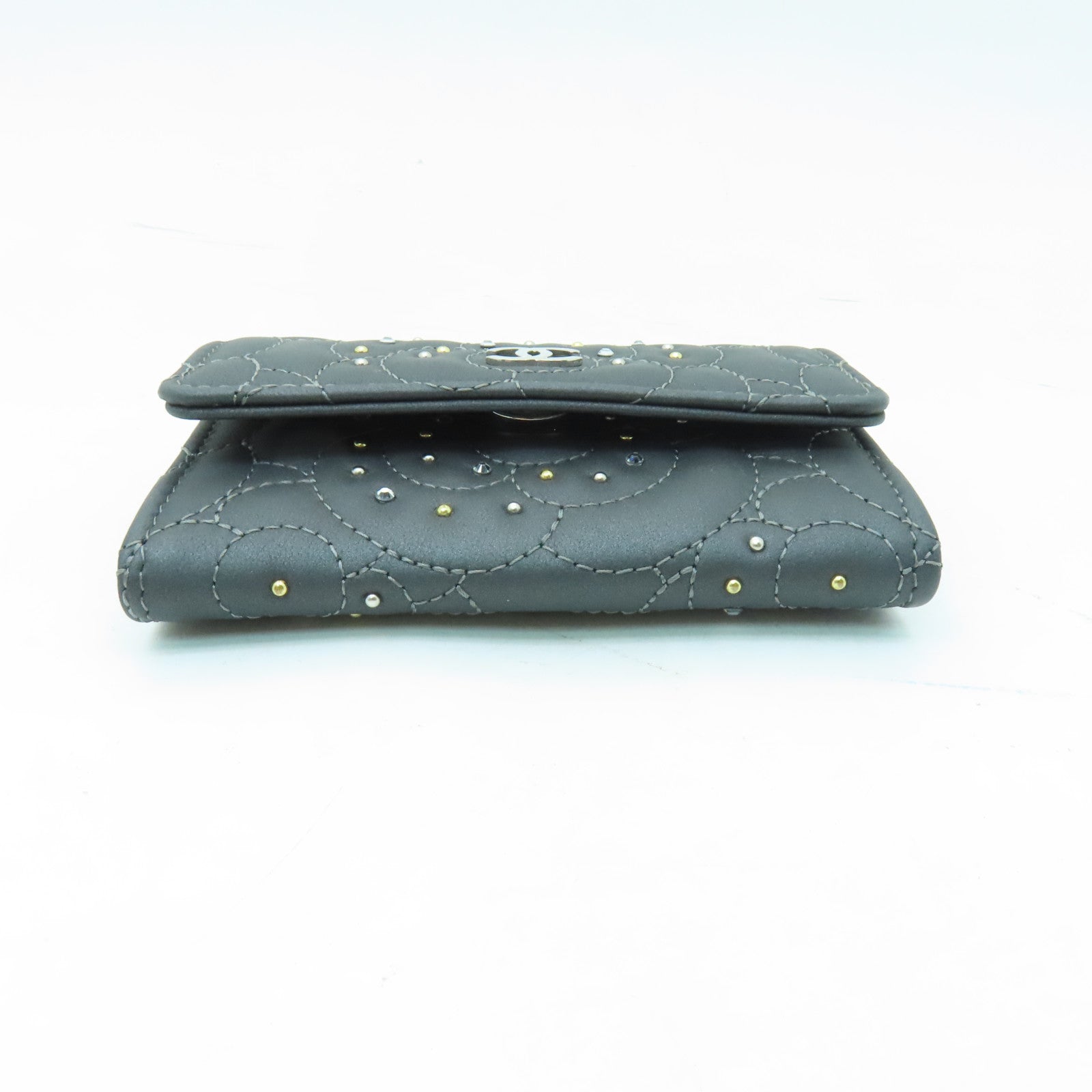 CHANEL 羊皮皮革Card Case銀扣卡片套灰色