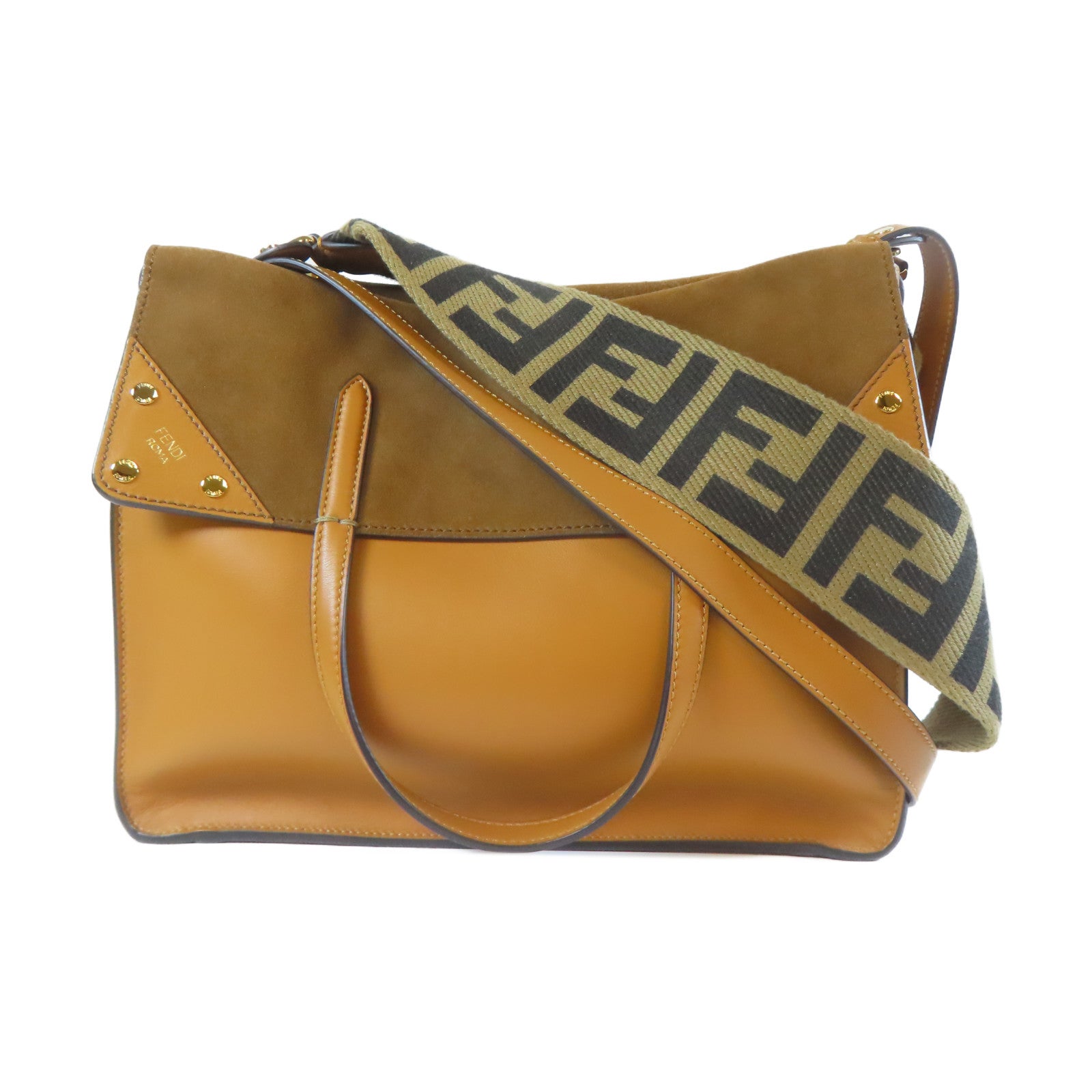 FENDI 牛皮皮革/麂皮皮革Flip Tote Shoulder Bag金扣手挽肩背兩用袋啡色